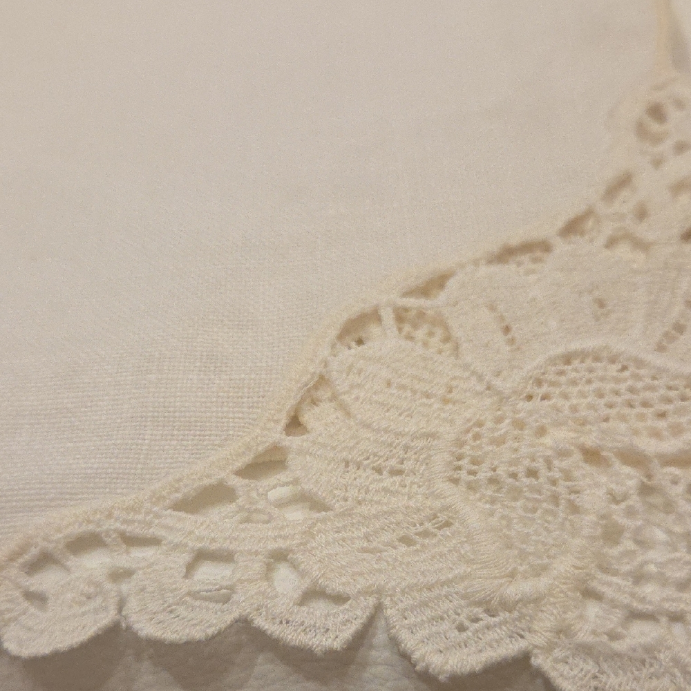 Cream Colored Vintage Table Topper. Linen With Lace Edges.